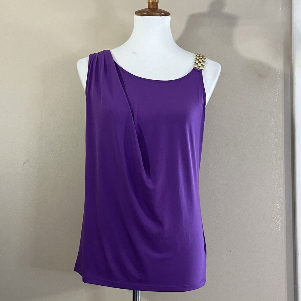 Michael Kors Women Purple Chain Strap Tank Top Size S Gold Hardware Drape Blouse